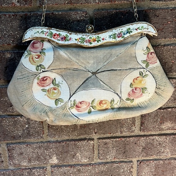 Vintage handbag purse Gladys Golden made in Italy painted burlap  chain strap - Picture 3 of 10